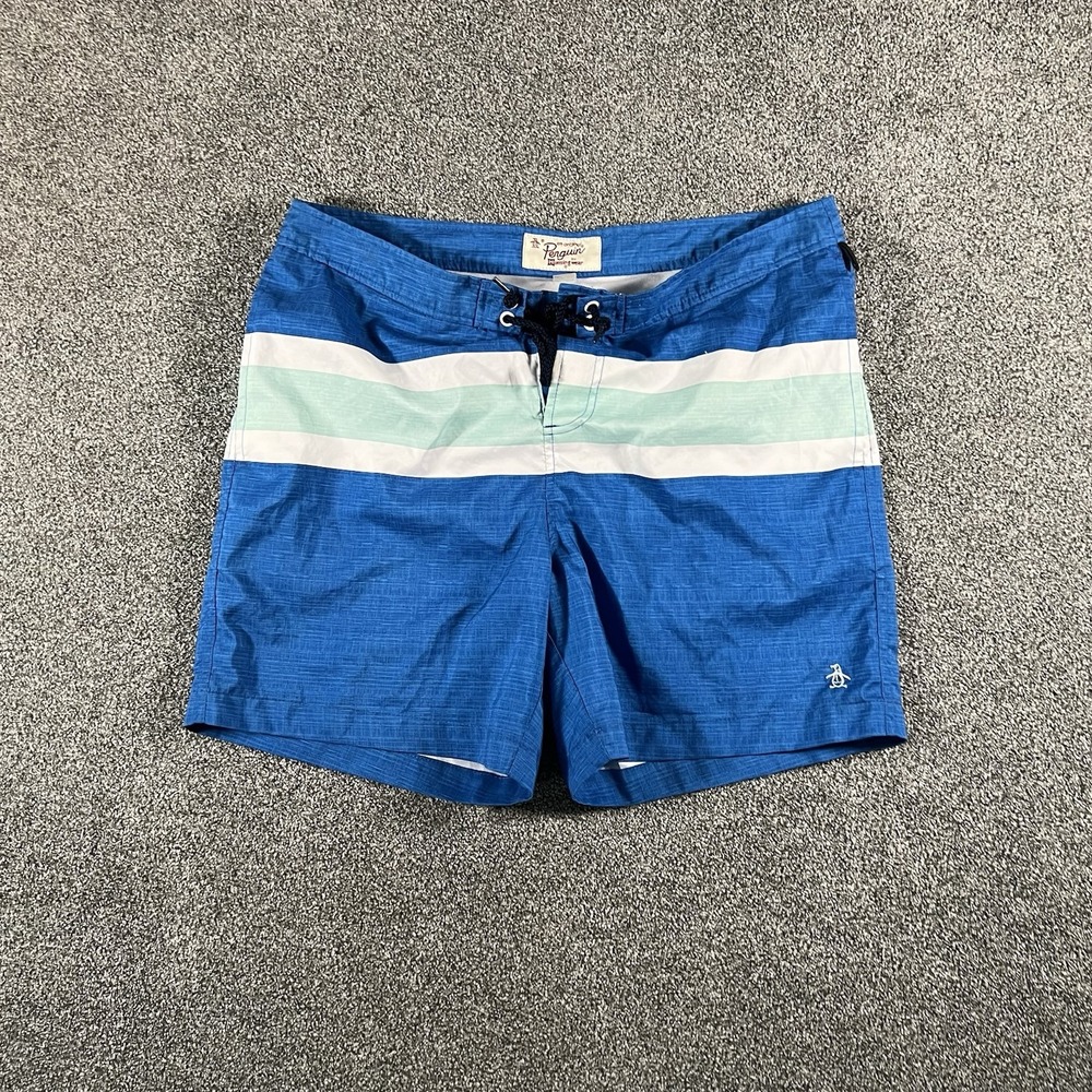 Original Penguin Mens 34 Blue Striped Board Shorts Swim Trunks Surf Beach